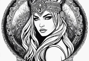 Viking, feminine warrior, mandala, bedroom eyes, headshot, closeup, full design, princess, round emblem, moon tattoo idea