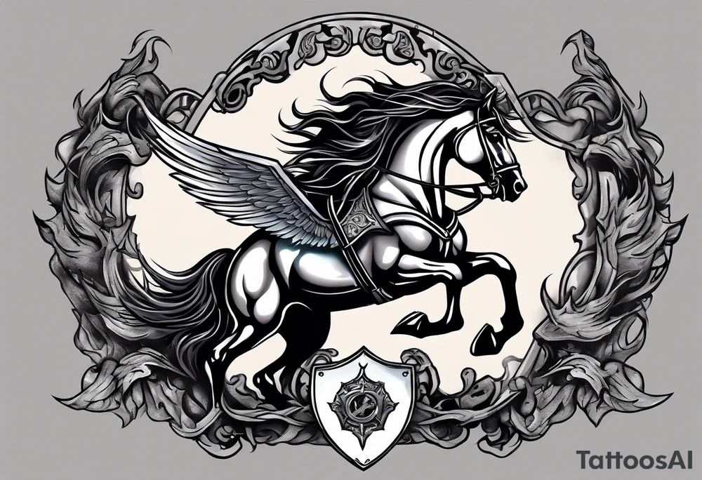 A night on a horse who is killing a dragon with a lance. He has a shield that has a crest with ravens on it. It will go on my right upper arm. Make the style American traditional tattoo idea