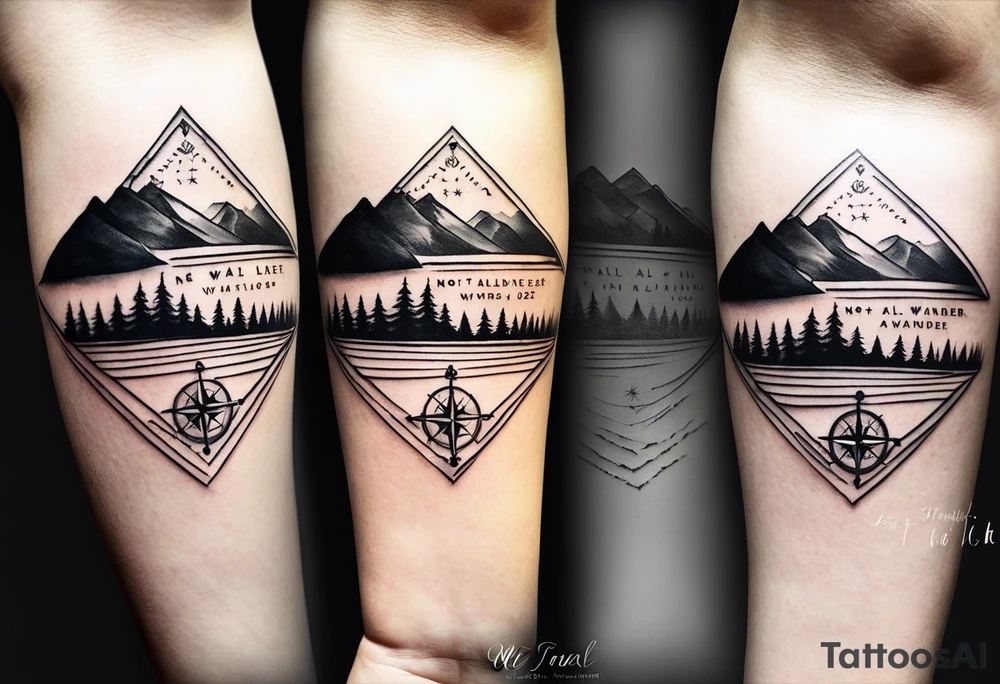 A half sleeve tattoo that features the quote **"Not all who wander are lost"** in elegant script on the outer forearm. Surrounding it are a compass rose and flowing elements like mountains, waves, and trees, symbolizing adventure and nature. Small travel icons like a plane and backpack are interspersed, enhancing the theme of exploration. The design uses a dynamic look that wraps naturally around your forearm. tattoo idea