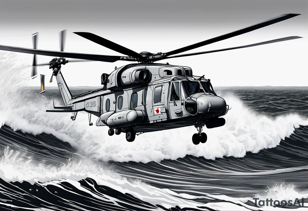 canadian military grey helicopter cyclone CH-148, a helicopter flying over rough water, Clear sky, military art, ocean specular, highly detailed background, detailed 4 k drawing tattoo idea