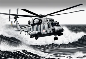 canadian military grey helicopter cyclone CH-148, a helicopter flying over rough water, Clear sky, military art, ocean specular, highly detailed background, detailed 4 k drawing tattoo idea