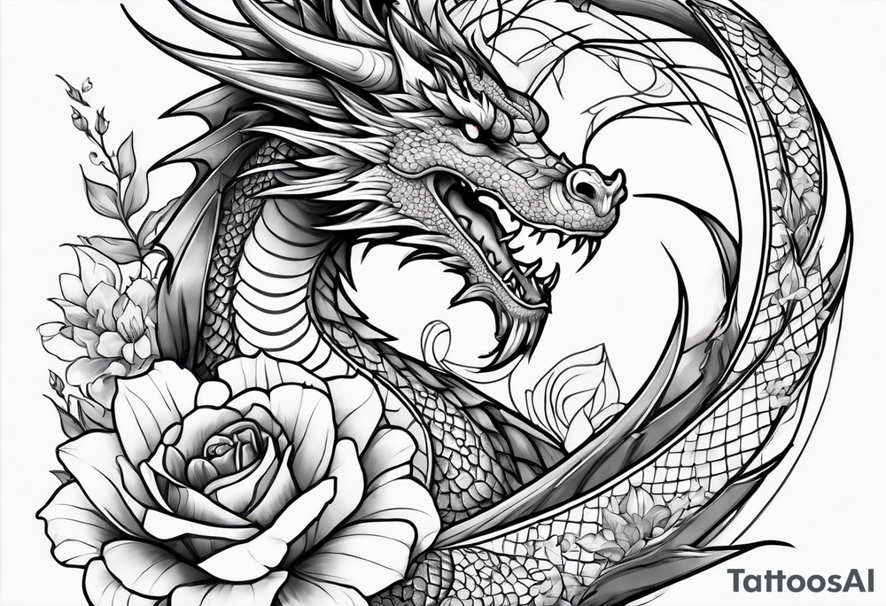 Dragon with September birth flower going up the spine tattoo idea