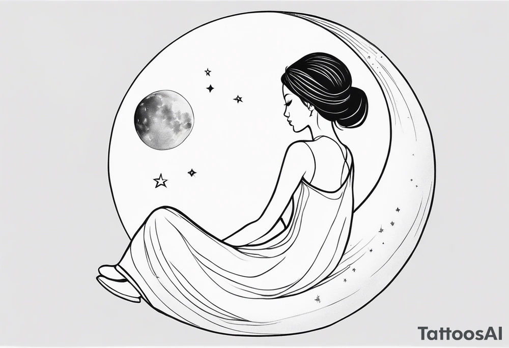 Woman sitting on a moon with opem hair over one shoulder wearing a dress with an open back seen from behind looking up at the stars. As a one line tattoo tattoo idea