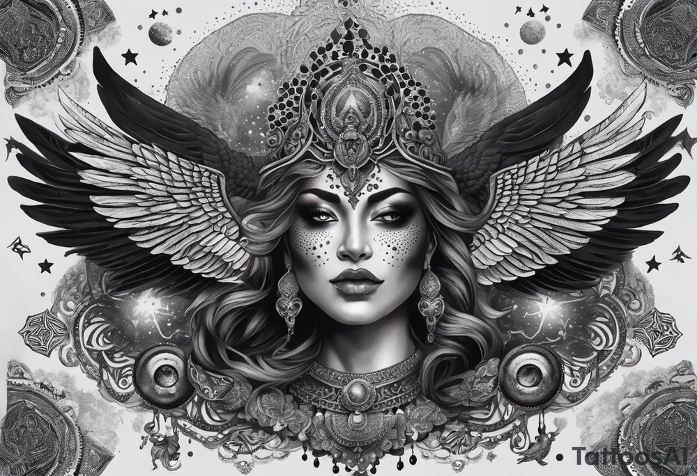 black kali, goddess pirate, alien, angel, pachamama, valkrye, warrior, flying, skull, lotus azul, wing, eagle, zenza resonance, stars, 5D, anahata chakra, death, durga, riding on a tiger, flying lady, kundalini, chest tatoo, samuri, rebel,s erpent tattoo idea