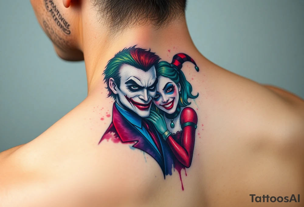 toxic 3d joker and Harley quin together design tattoo idea