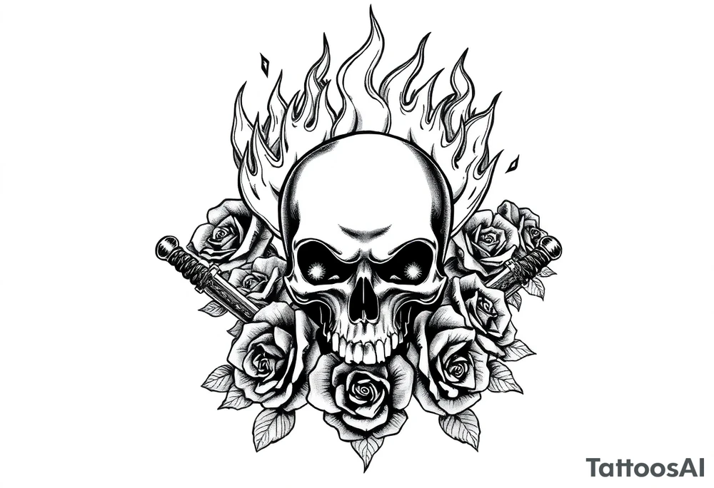 Skull engulfed in flames, crossed swords behind, blooming roses. tattoo idea
