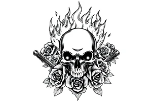 Skull engulfed in flames, crossed swords behind, blooming roses. tattoo idea