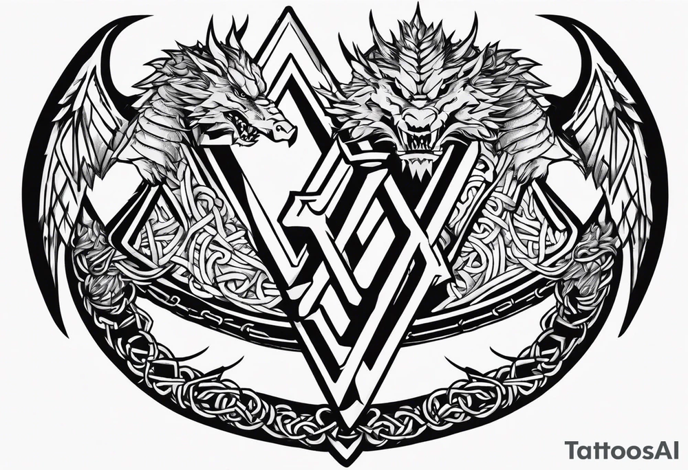 Valhalla sword shield dragon axe Valknut barbed wire chains tattoo idea Valhalla sword shield dragon axe Valknut barbed wire chains tattoo idea