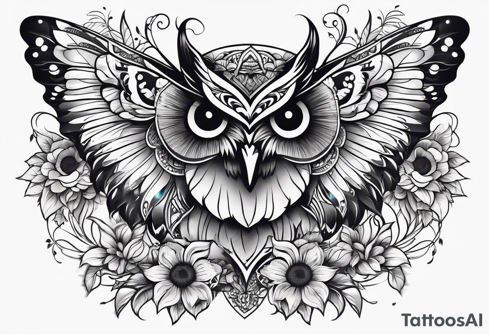 Owl, butterfly and sunflower are sleeve tattoo idea