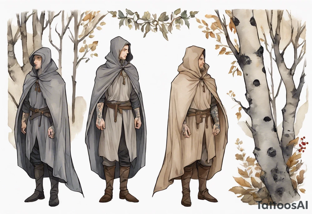 medieval Tan France wearing a grey cloak standing in a birch forest tattoo idea