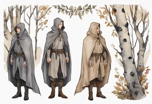 medieval Tan France wearing a grey cloak standing in a birch forest tattoo idea