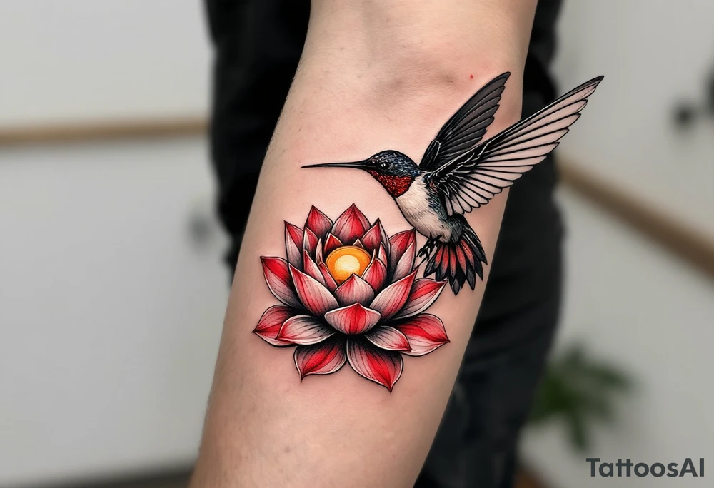 A hummingbird drinking from a lotus flower with one wing made of light (sun disc) and the other made of shadow (crescent moon) (red and black only) tattoo idea