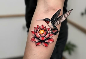 A hummingbird drinking from a lotus flower with one wing made of light (sun disc) and the other made of shadow (crescent moon) (red and black only) tattoo idea