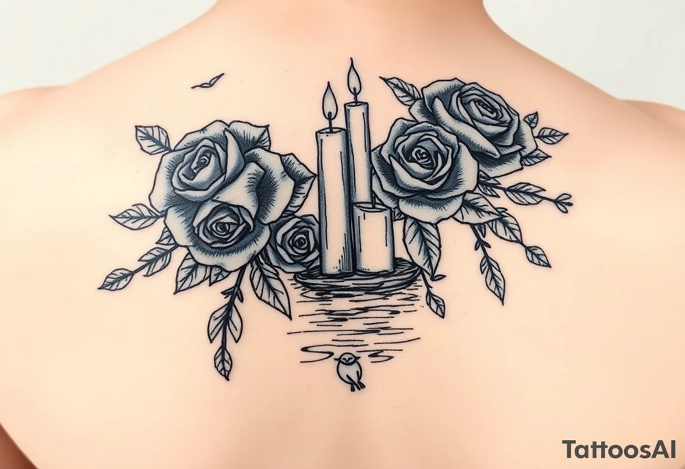 Blue roses and candles, water, birds tattoo idea