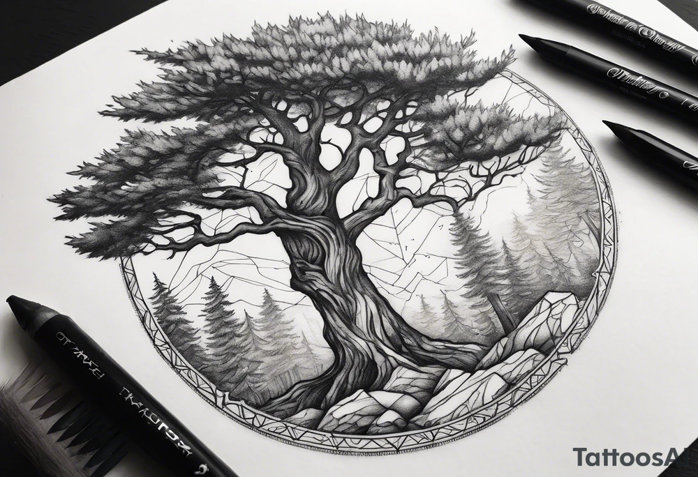 Small dainty detailed forest tree tattoo idea