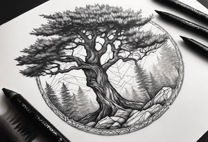 Small dainty detailed forest tree tattoo idea