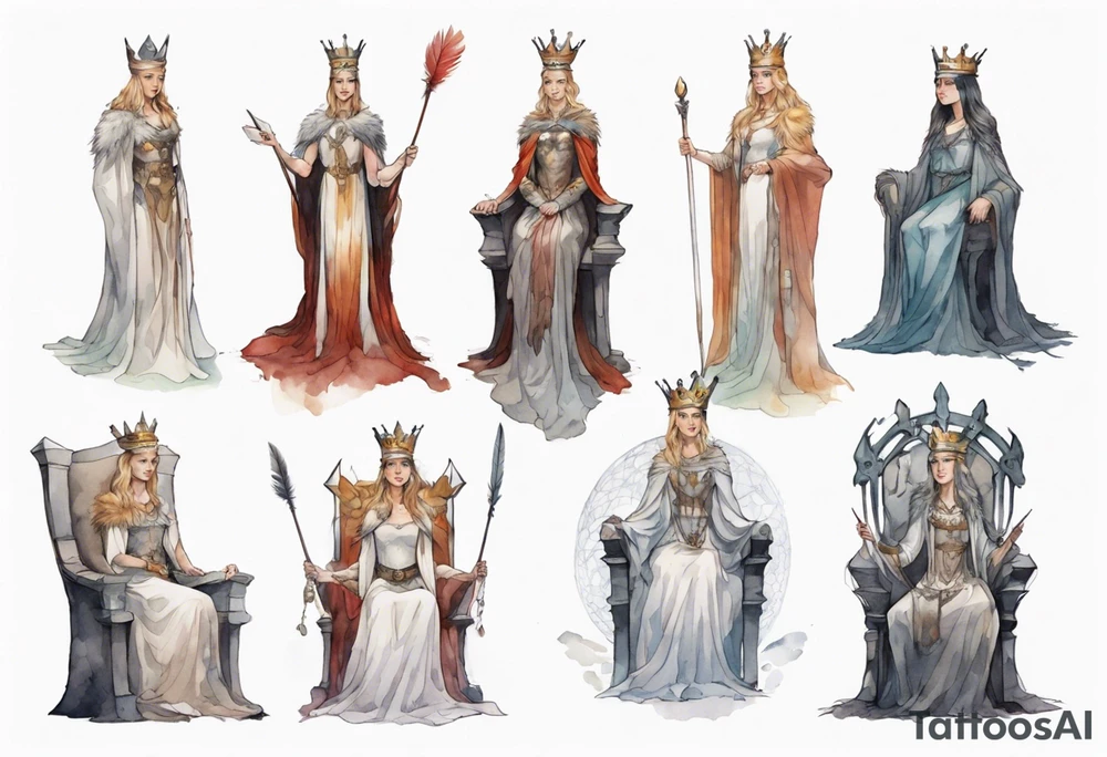 a Germanic queen wearing a simple iron crown, wearing a feather cloak, sitting on a simple stone throne tattoo idea