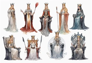 a Germanic queen wearing a simple iron crown, wearing a feather cloak, sitting on a simple stone throne tattoo idea