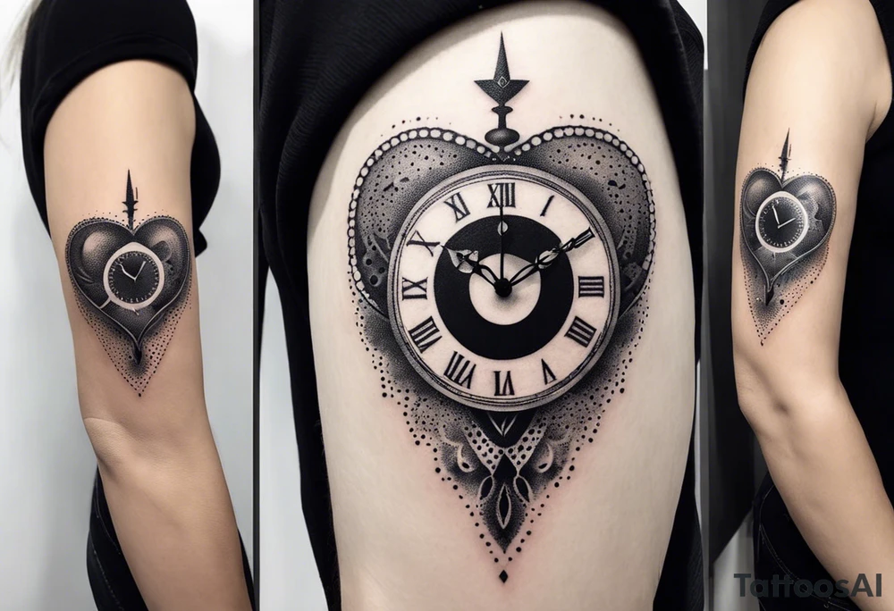 Heart with clock hands on 8 and 5 tattoo idea