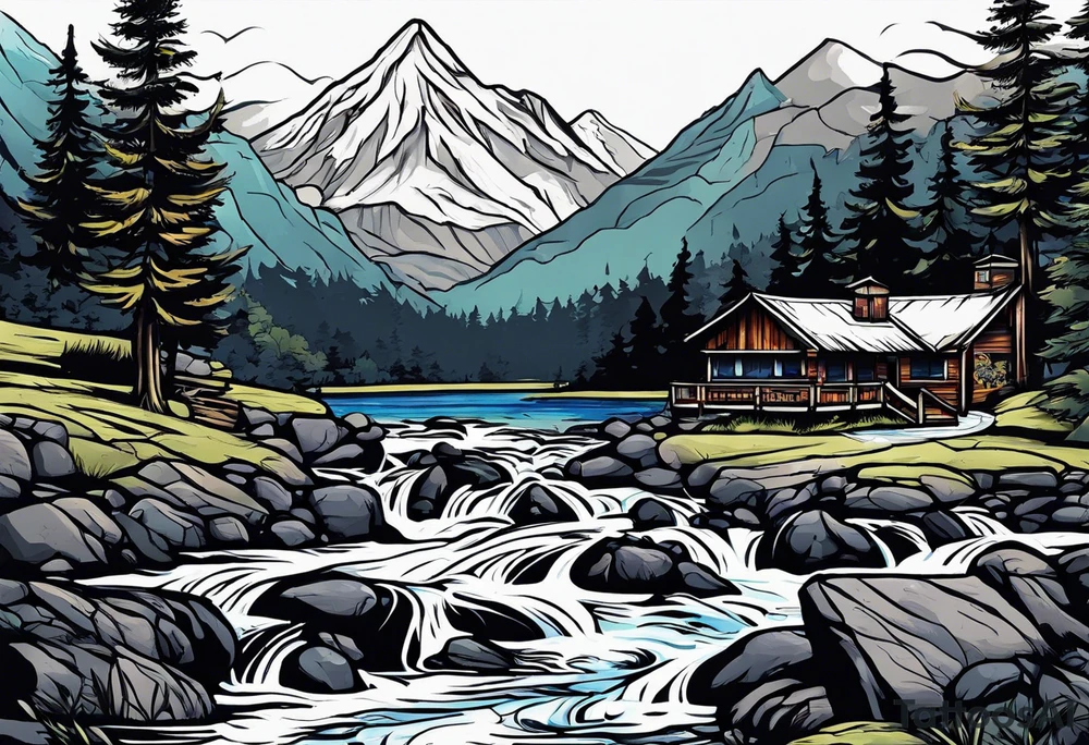 River below mountain tattoo idea