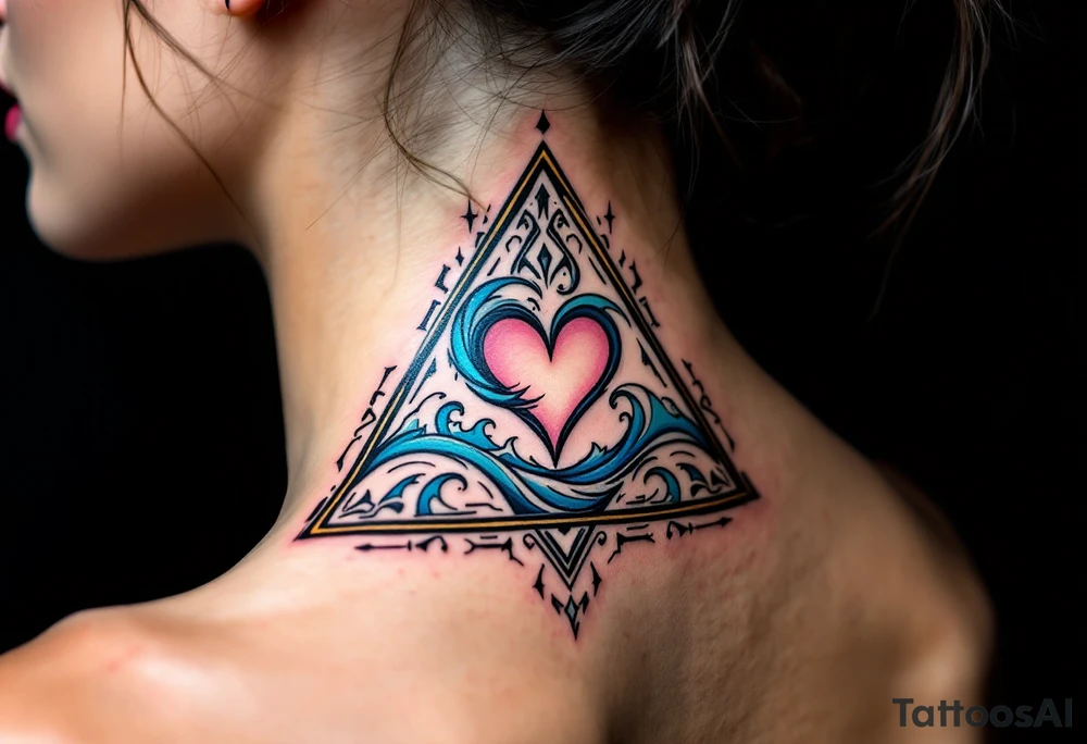 A triangle with a big heart in the center with an ocean theme tattoo idea