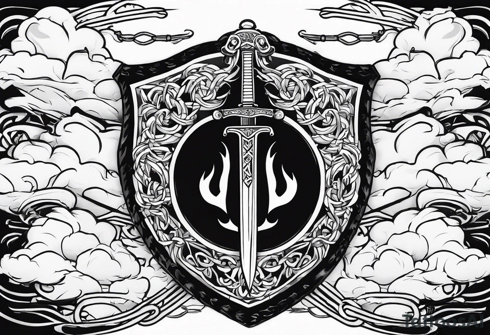 Valhalla sword fire chains shield clouds tattoo idea