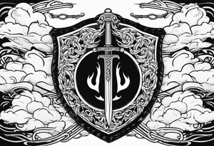 Valhalla sword  fire chains shield clouds tattoo idea