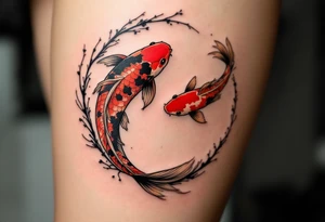 Two red and black koi fish swimming in a circle, the first tattoo larger on the calf, and the second smaller on the ankle. tattoo idea