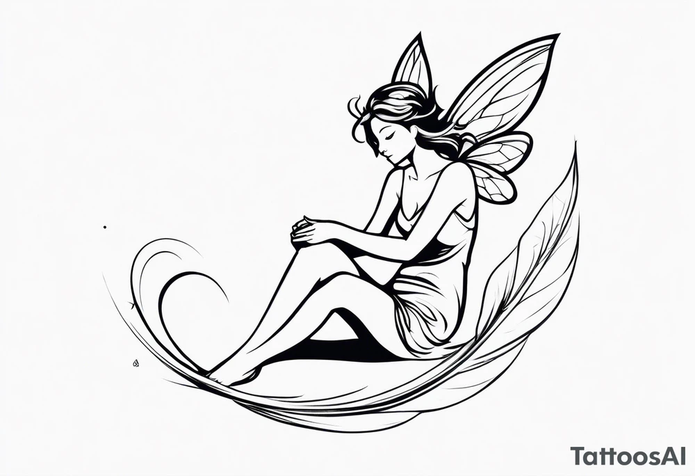 Minimalistic, monochromatic fairy with a tail flying to the left in a fetal position, leaning and looking in the same direction, with visible hands, embodying the 'Fairy Tail' logo aesthetic. tattoo idea