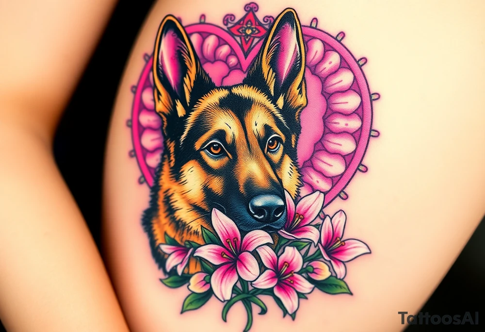 realistic german shepherd with alert ears looking protective with pink lilies in front of a sacred heart tattoo idea