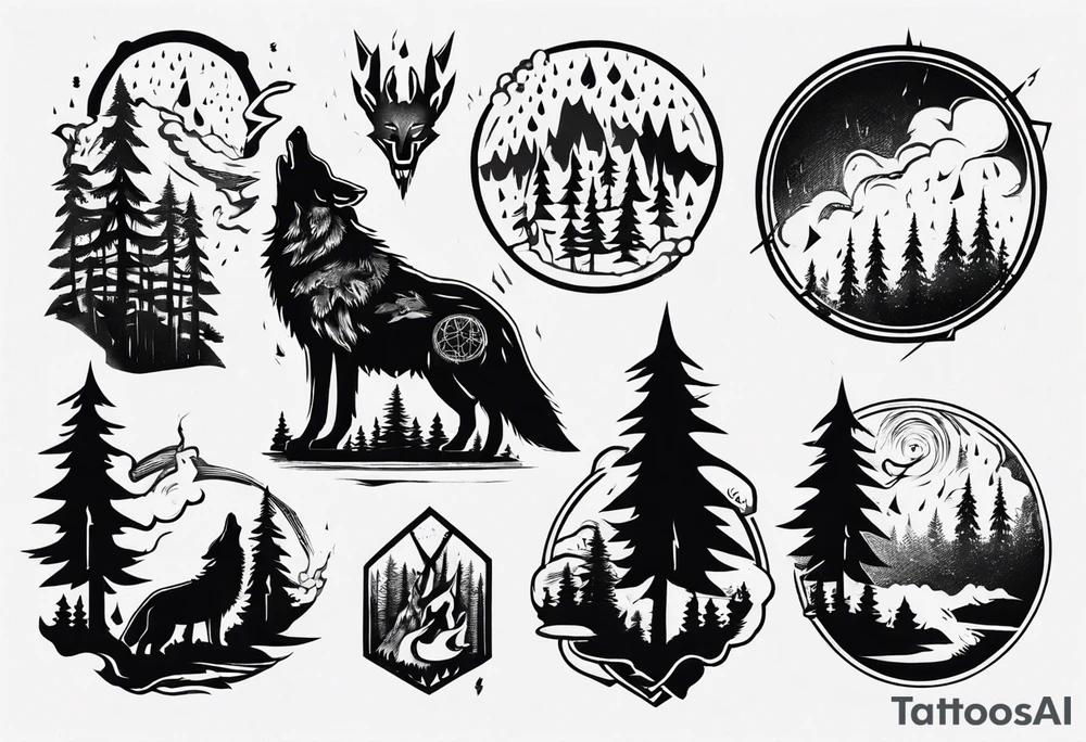 thunderstorm over a forest with a wolf howling on drums tattoo idea thunderstorm over a forest with a wolf howling on drums tattoo idea