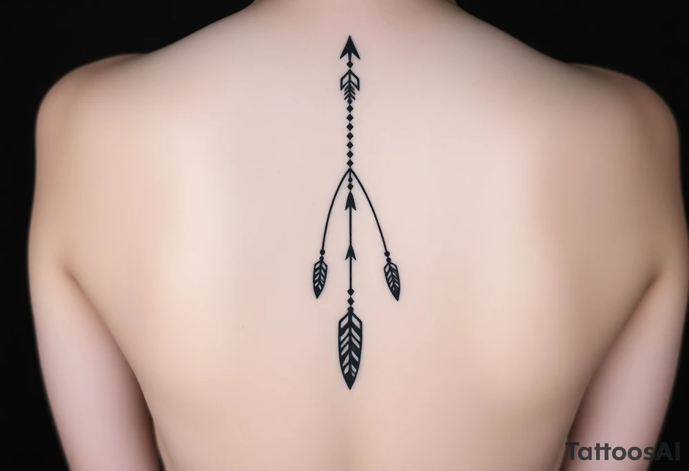 Thin spinal tattoo following down the spine in a native style with 3 vertical different lengths flowing lines made of a discreet connection of morse code ".--- .- --.     .-.. ... -.- .- .-.   -.. .. --.     .-.. .. .-.. .-.. . -... .-. --- .-. forming 3 arrow shapes connected to flowing feathers hanging from the morse code lines tattoo idea