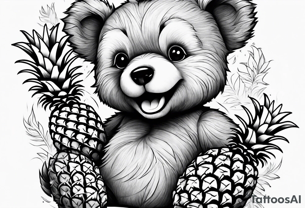 Teddy Bear biting pineapples tattoo idea