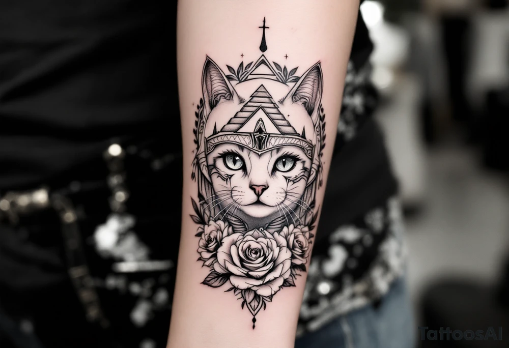 Egyptian cat with pyramids and roses tattoo idea
