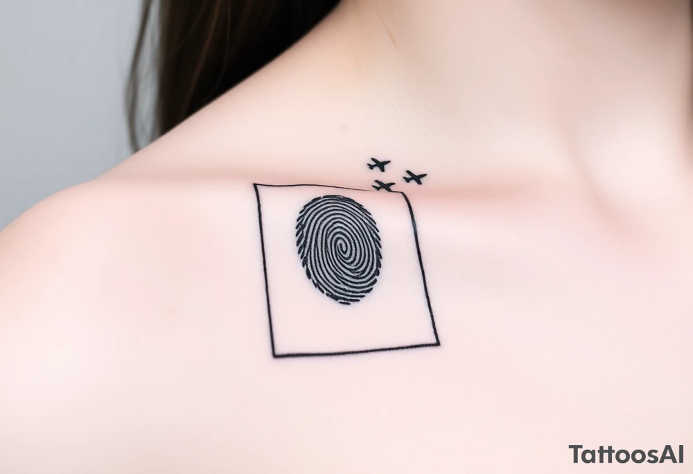 A rectangular or oval frame enclosing the fingerprint. Small planes fly out as if escaping or being released from the frame’s corner. Include a signature at the bottom of the frame

Signature: Etched into the bottom of the frame like an engraving. tattoo idea