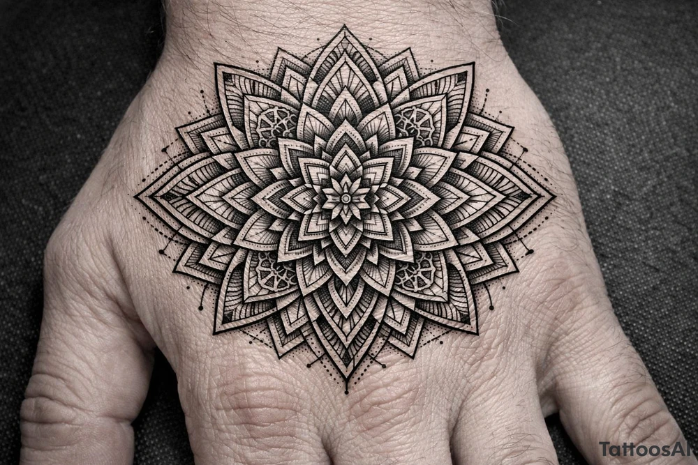 Geometric mandala extension — continuing an existing hand mandala outward with linework petals, sacred-geometry fillers and dotwork shading into the empty skin., Blackwork / geometric dotwork, fine linework, symmetrical mandala style tattoo idea