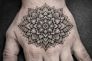 Geometric mandala extension — continuing an existing hand mandala outward with linework petals, sacred-geometry fillers and dotwork shading into the empty skin., Blackwork / geometric dotwork, fine linework, symmetrical mandala style tattoo idea