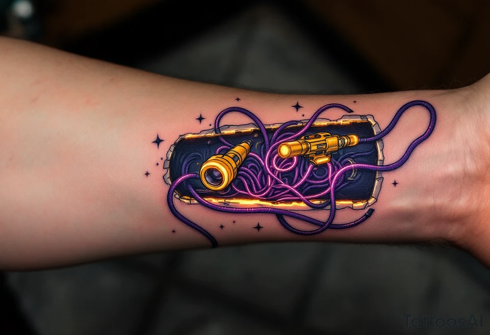 A tattoo of a partially opened human forearm revealing glowing golden servos and deep purple wiring inside. tattoo idea