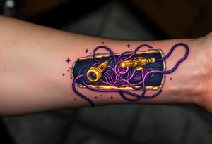 A tattoo of a partially opened human forearm revealing glowing golden servos and deep purple wiring inside. tattoo idea