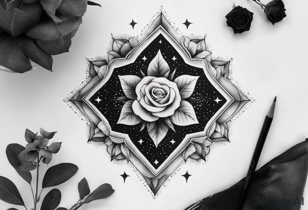 Tesseract with clouds and small roses and stars around it tattoo idea