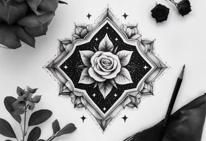 Tesseract with clouds and small roses and stars around it tattoo idea