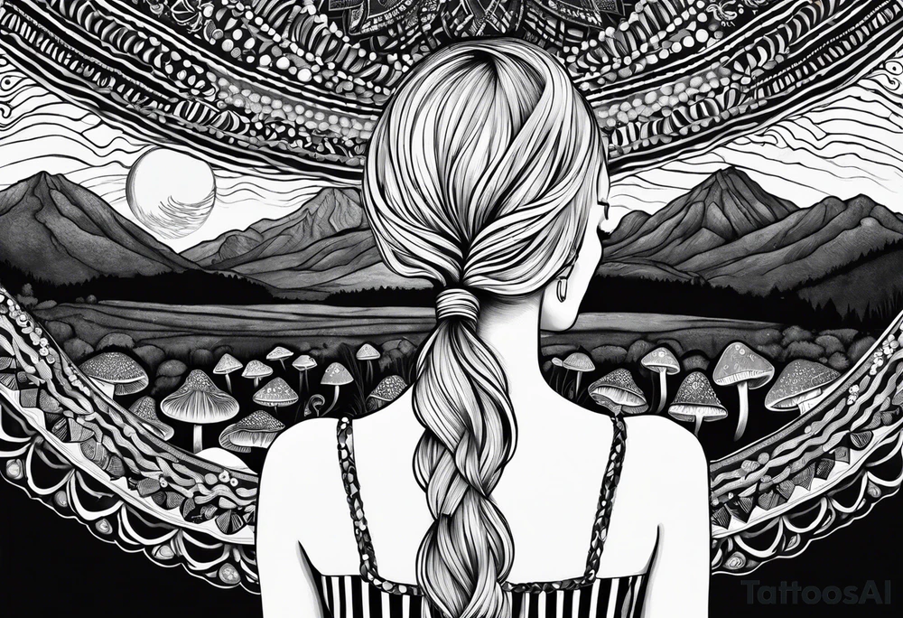 Straight blonde hair girl facing away toward mountains surrounded by mushrooms crescent moon mandala circular design black and white striped dress "8" braided into hair tattoo idea