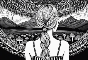 Straight blonde hair girl facing away toward mountains surrounded by mushrooms crescent moon mandala circular design black and white striped dress "8" braided into hair tattoo idea