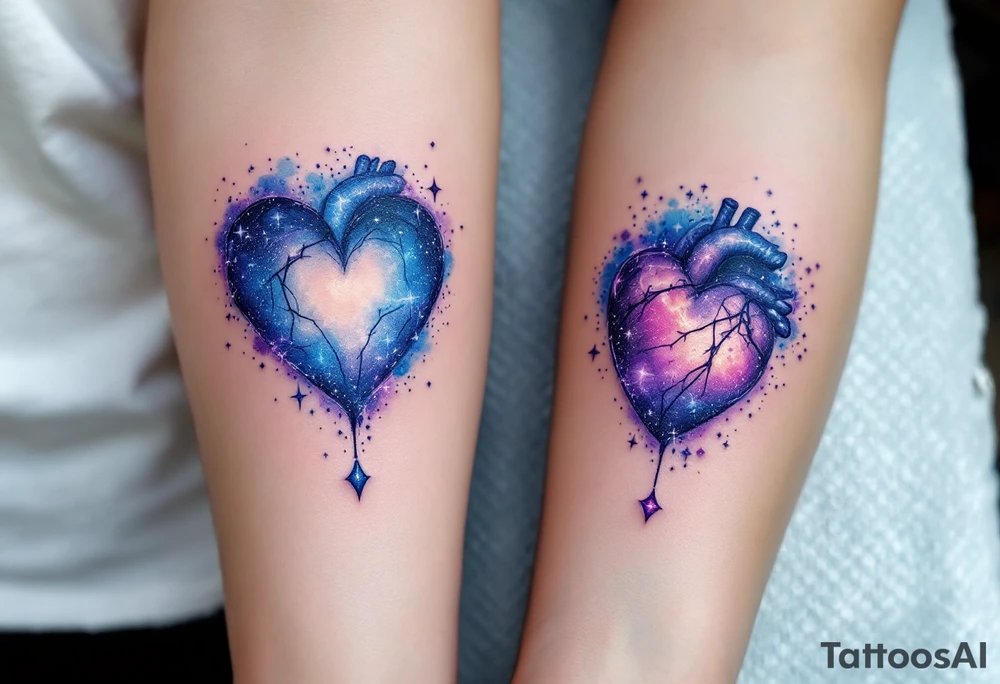 Blue and purple galaxy hearts matching across both upperarms, symbolizing cosmic connection. tattoo idea