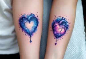Blue and purple galaxy hearts matching across both upperarms, symbolizing cosmic connection. tattoo idea