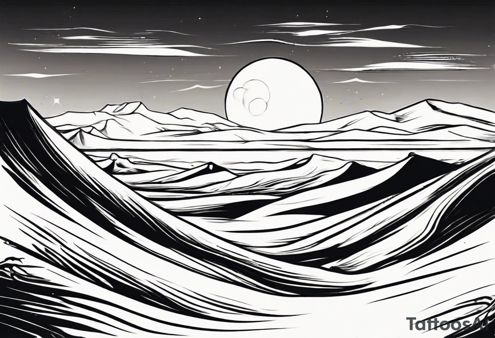 "Design a tattoo depicting a distant view of a vast desert landscape with low, undulating sand dunes. tattoo idea