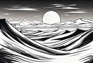 "Design a tattoo depicting a distant view of a vast desert landscape with low, undulating sand dunes. tattoo idea