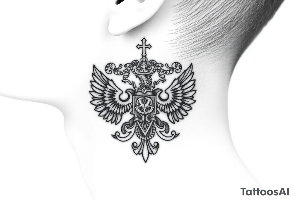 russian coat arms in a russian christian orthodox cross style virgin mary & orthodox dome church on the side of the neck tattoo idea