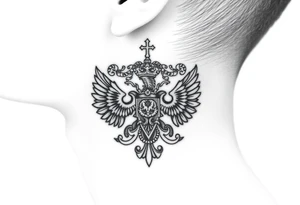 russian coat arms in a russian christian orthodox cross style virgin mary & orthodox dome church on the side of the neck tattoo idea