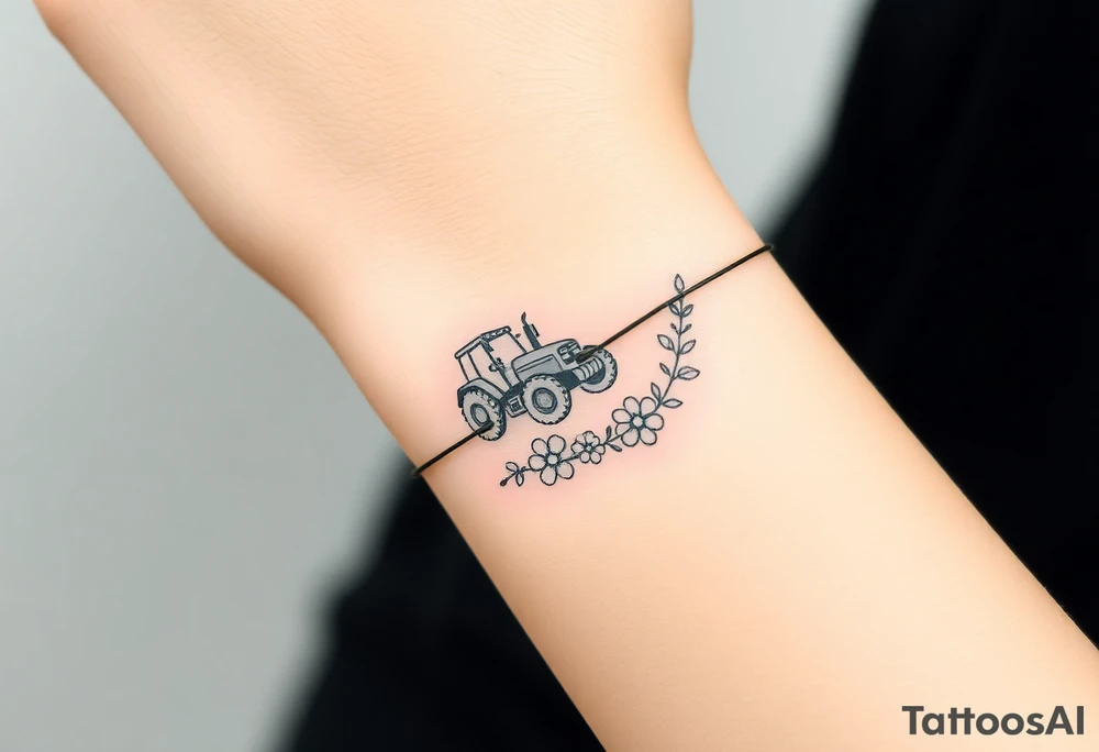 A bracelet that includes a very small tractor and flowers tattoo idea